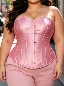 Women's Plus Size Pink Court Style Satin Corset Top, Boned Waist Cincher, Bust Support, Sexy Vintage Body Shaping Top, Halloween Costume, Role Play - Pink - View 4
