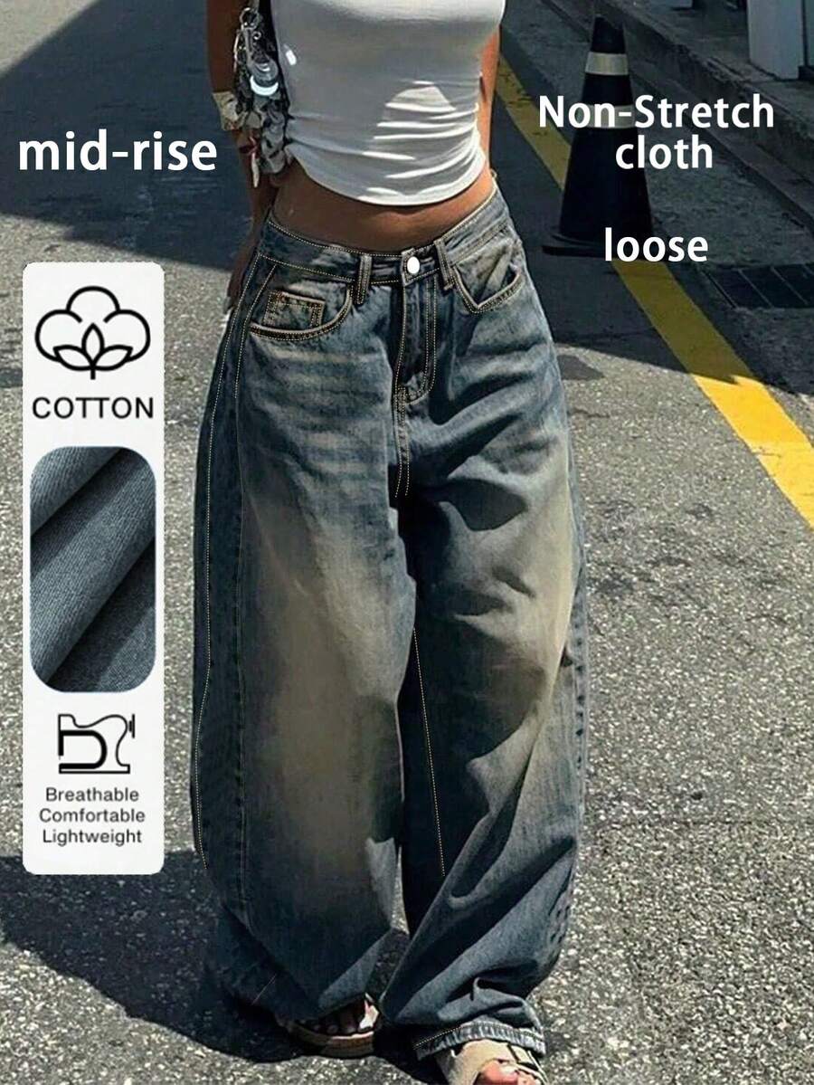 Quần jeans nữ phong cách đường phố Mỹ giản dị, tối giản, đa năng cho việc đi làm hàng ngày, thích hợp cho mùa xuân. - Rửa tối - Xem 1