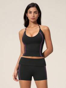TimeOff Women's One Set Solid Color Adjustable Strap Camisole Tank Top & Wide Leg Mid-Length Shorts Sports Set - Black - View 4