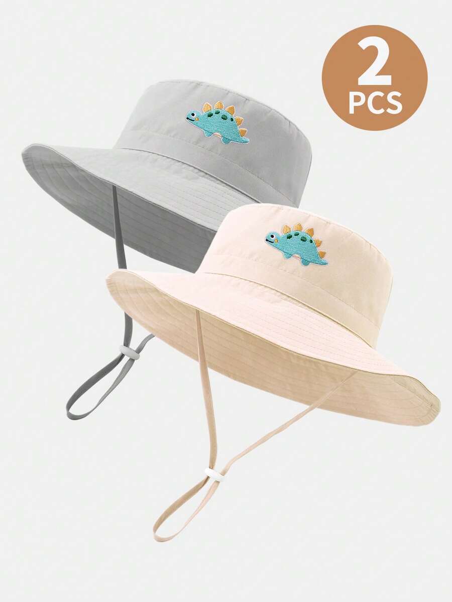 2件裝兒童素色刺繡恐龍下巴繩夏季海灘防曬水桶帽 - 淺灰+米色(恐龍) - 查看 1