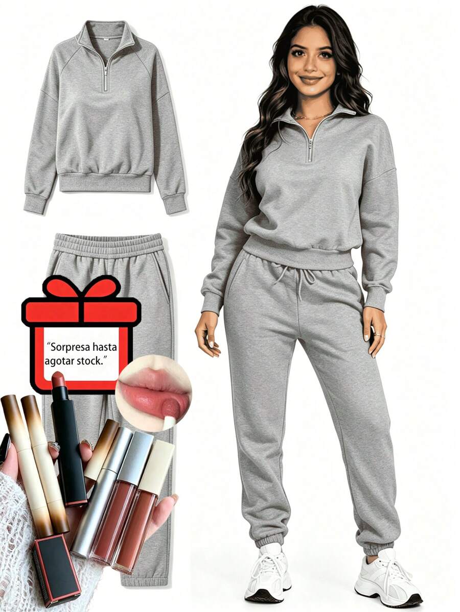 Women's Two-Piece Tracksuit With Half Zip And Matching Pants - 灰色 - 查看 1