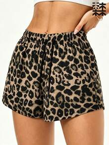 mulinsen Celana Pendek Olahraga Lari Wanita Seksi Motif Leopard, Panjang 3/4, Desain Tali Serut, Celana Pendek Olahraga Musim Panas yang Bernapas - Coklat - View 6