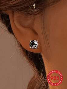 1 pieza Pendientes de botón de mujer de diseño único y minimalista premium en plata de ley 925 con circonita, forma geométrica redonda de alga marina, adecuados para vacaciones, banquetes, uso diario, ir al trabajo, estilo exquisito perfecto para regalo de cumpleaños y aniversario - Plateado - Ver 1