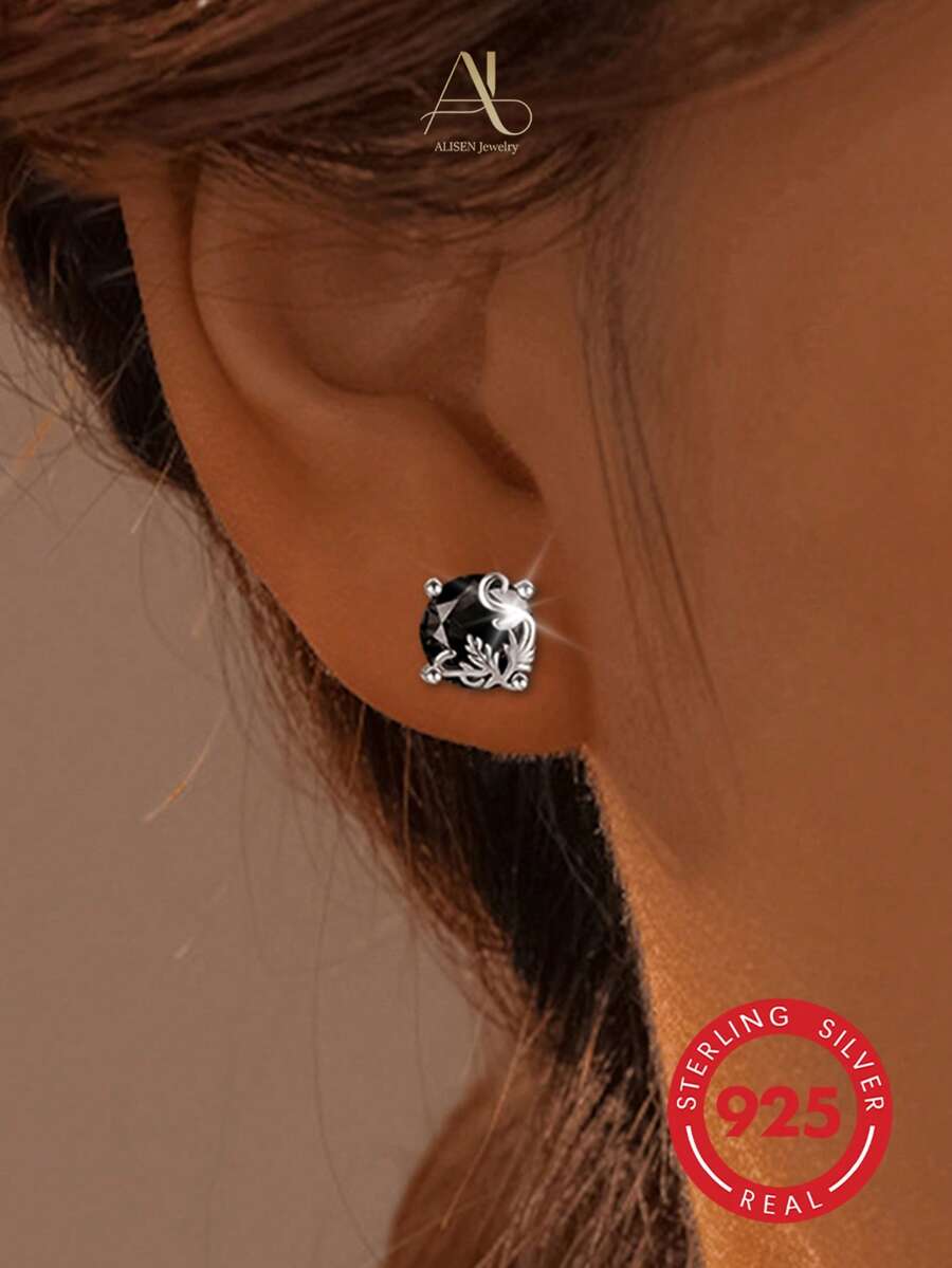 1 pieza Pendientes de botón de mujer de diseño único y minimalista premium en plata de ley 925 con circonita, forma geométrica redonda de alga marina, adecuados para vacaciones, banquetes, uso diario, ir al trabajo, estilo exquisito perfecto para regalo de cumpleaños y aniversario - Plateado - Ver 1