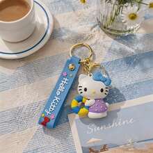 Miniso Sanrio Hello Kitty Cartoon Character Key Chain Holding Swim Ring Purple Polka Dot Dress Pendant Decor For Back To School Purse Handbag Accessory - Blue - View 4