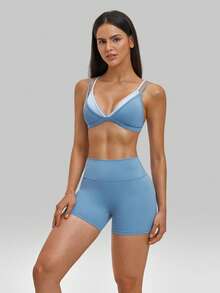 MFVIM Women's Naked Feel Triangle Cup Bra Thin Wire-Free Sports Set Backless Spaghetti Strap Fitness 2-Piece Set - Baby Blue - View 7