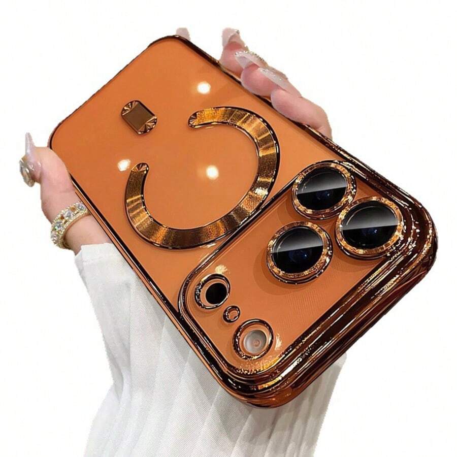 1pc Electroplated Magnetic Full Coverage Phone Case, Compatible With IPhone 17, Air, 16 Pro, 15 Pro Max, 14 Pro Max, 13, 12, 11, XS Max, 8, 8 Plus, Soft Shell - Orange - View 1