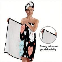 2pcs Printed Large Size Bathrobe & Hair Drying Cap Set, Wearable Wrap Towel, High Absorbency, No Shedding, Sexy Tube Top Bathrobe For Home - Multicolor - View 10