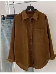 Women's Casual Brown Corduroy Polyester Shirt, Long Sleeve, Button Front, Drop Shoulder Design, Suitable For Daily Wear Or Layering - Coffee Brown - View 6