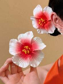 10件/組夏威夷木槿花與蓮花髮夾－優雅布藝花朵抓夾，適合夏季海灘度假、派對與波希米亞造型髮夾 - 白紅漸變 - 查看 4