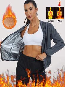 Women's Long Sleeve Sauna Suit Weight Loss Zipper Contrast Color Sauna Jacket Sweat Workout Gym Exercise Sports - Grey - View 1
