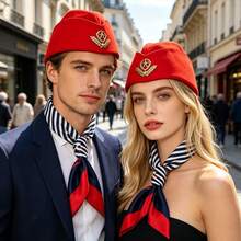 6, 2 Pieces European Air Hostess Pilot Matching Accessories Wheat Emblem Cap Contrast Red-Blue Striped Neck Bandana - Multicolor - View 11