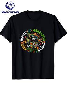 Camiseta Divertida para Hombre con Diseño de Esqueleto Bebiendo Margarita y Salsa de Papas para Cinco de Mayo - Camiseta Gráfica para Fiestas Mexicanas con Diseño de Margarita, Camiseta Casu - Negro - Ver 1