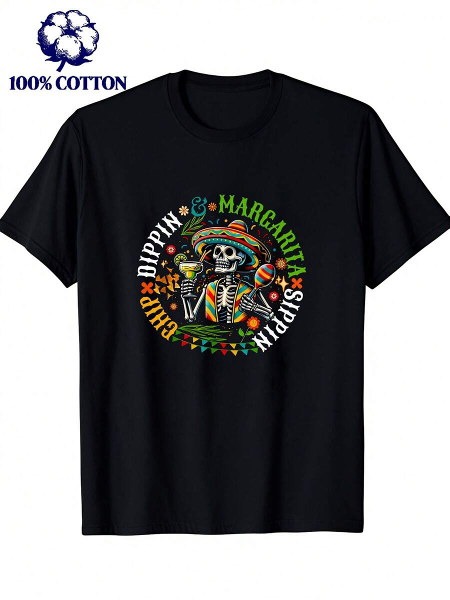 Camiseta Divertida para Hombre con Diseño de Esqueleto Bebiendo Margarita y Salsa de Papas para Cinco de Mayo - Camiseta Gráfica para Fiestas Mexicanas con Diseño de Margarita, Camiseta Casu - Negro - Ver 1