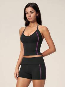 TimeOff Women's One Set Solid Color Adjustable Strap Camisole Tank Top & Wide Leg Mid-Length Shorts Sports Set - Black - View 7
