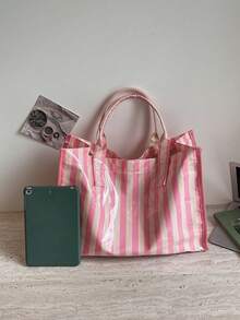 Large Capacity Transparent Jelly Bag With Material Handle, Letter Pattern Decoration, Waterproof Korean Style Unisex Bag, Women's Casual Handbag, Black Minimalist Shoulder Bag, Japanese Casual Style, Suitable For Students, Fitness, Yoga And Travel, Mom Bag, Minimalist Star Design, Crepe Paper Material, Composite Paper - Pink - View 4