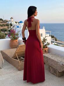 2026 New Solid Color Elegant Mature Sexy Knit Fabric High Slit To Thigh Dress For Party, Wedding, Date, Homecoming, Wedding Guest, Formal Evening Event, Summer - Burgundy - View 7