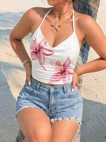 Women's Tropical Floral Print Cropped Camisole, Sleeveless Fitted Summer Tank Top, Backless Sexy Ladies Vest For Spring/Summer Holiday - Multicolor - View 2