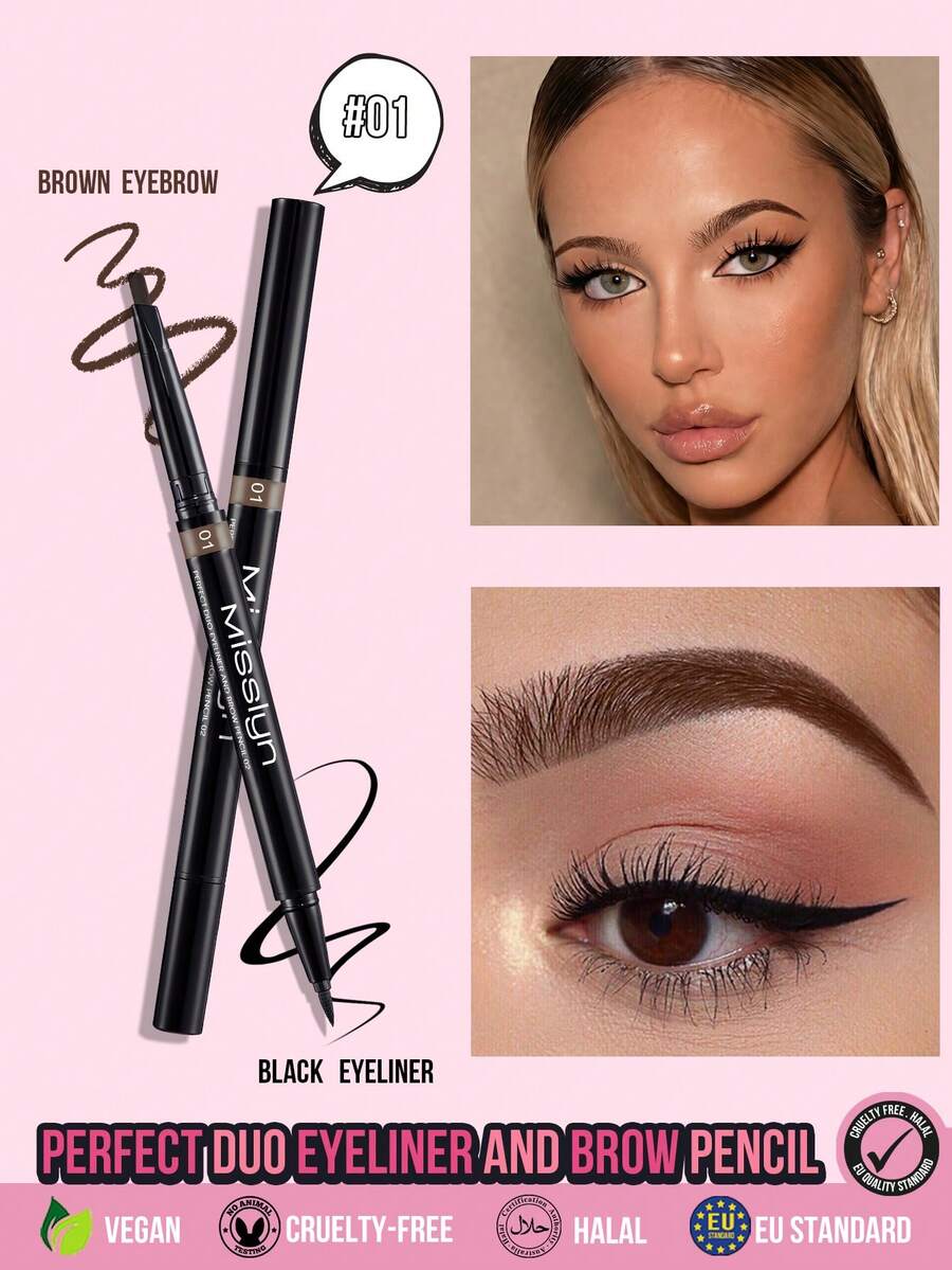 Misslyn 1pc 2-In-1 Eyeliner & Eyebrow Pencil Set, Dual-Ended Liquid Eyeliner And Eyebrow Pencil, Waterproof Sweat-Proof Smudge-Proof, Quick Touch-Up Normal Color,Daily Professional Makeup, Graduation Party Summer Travel, Autumn Gift, Beauty Cosmetics