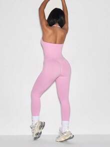 Sport Ruched Padded Halterneck Scrunched Active Jumpsuit Sport Workout Gym Cute Pilates Fitness Daily Girl - Pink - View 8