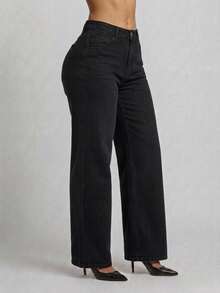 Pantalón Mezclilla Stretch Mujer Corte Amplio Cintura Alta - Negro - Ver 4