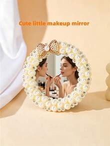 1pc Vintage Pearl Crystal Bow Desktop Makeup Mirror, Cute Heart/Round/Square Desktop Makeup Mirror, Suitable For Bedroom Vanity And Dorm Decor, Ideal Gift For Women - Beige - View 5