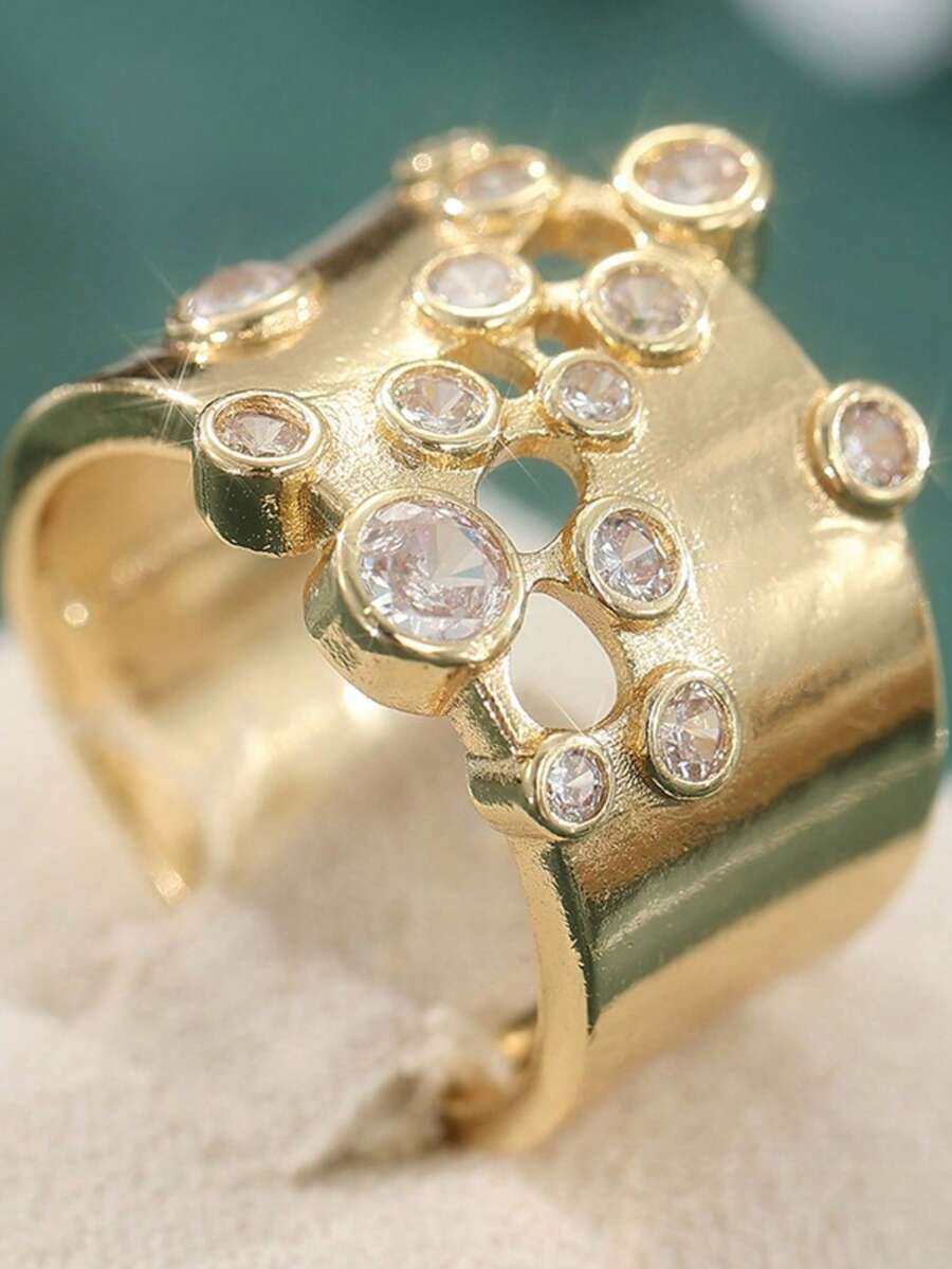 1pc Elegant Chunky Hollow Bubble Zirconia Golden Plated Wide Band Ring, Asymmetric Designer Statement Rhinestone Cocktail Ring - White - View 1