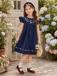 Đầm hè màu xanh hải quân thêu jacquard cho bé gái, đầm tay ngắn dáng chữ A thêu hoa, kiểu dáng ngọt ngào cổ điển, thích hợp mặc hàng ngày, đi học hoặc đi chơi. - Màu xanh hải quân - Xem 4