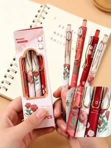 Set 4 Pulpen Ballpoint Tarik Motif Mawar Vintage - Tulisan Halus, Ujung Sedang, Tinta Hitam, Desain Ergonomis, Perlengkapan Alat Tulis yang Lucu, Cocok untuk Sekolah, Kantor, dan Penggunaan Sehari-hari - Sempurna untuk Kembali ke Sekolah, Halloween, Natal - pulpen - View 1
