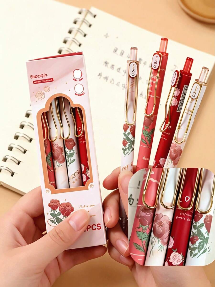 Set 4 Pulpen Ballpoint Tarik Motif Mawar Vintage - Tulisan Halus, Ujung Sedang, Tinta Hitam, Desain Ergonomis, Perlengkapan Alat Tulis yang Lucu, Cocok untuk Sekolah, Kantor, dan Penggunaan Sehari-hari - Sempurna untuk Kembali ke Sekolah, Halloween, Natal - pulpen - View 1