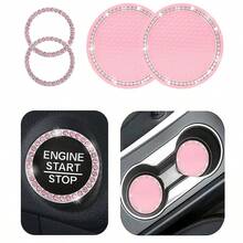 4pcs Car Interior Accessories, Car Ignition Ring Decorative Ring, Rhinestone Inlaid Car Cup Holder Mat, Car Interior Supplies For Women, Non-Slip Waterproof Car Cup Holder Mat, Rhinestone One-Touch Start Decorative Ring (Large Rhinestone Style) - A - View 5