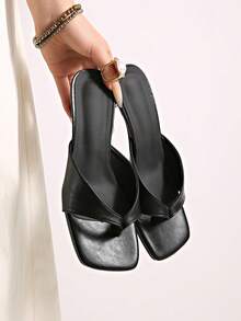 French Retro Open Toe Mule Sandals, Summer Slip-On Sandals, Thick Heel High Heels - Black - View 5