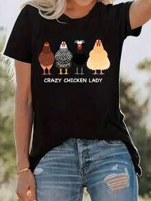 Nueva Camiseta Casual de Verano 100% Algodón para Mujer, de Manga Corta y Cuello Redondo, con Texto "CRAZY CHICKEN LADY" - Para Conjuntos de Acción de Gracias, Regalo de Acción de Gracias. C - Negro - Ver 1