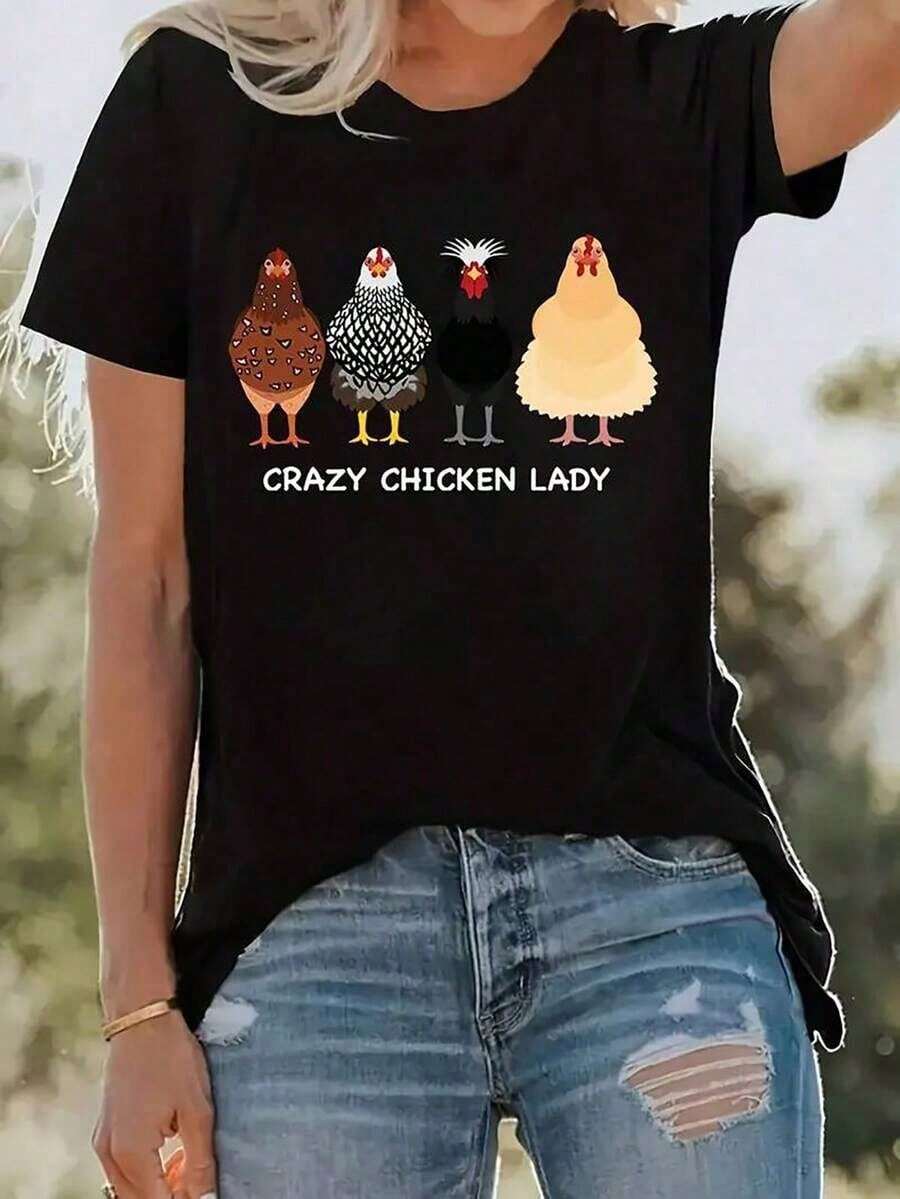 Nueva Camiseta Casual de Verano 100% Algodón para Mujer, de Manga Corta y Cuello Redondo, con Texto "CRAZY CHICKEN LADY" - Para Conjuntos de Acción de Gracias, Regalo de Acción de Gracias. C - Negro - Ver 1