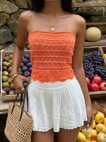 Summer New Women's Striped Twist Knit Tube Top, Ruffle Hem Design, Sweet & Spicy Fitted, Suitable For Spring/Summer Daily, Dating, Vacation Wear - Orange - View 2