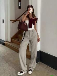 Women's Solid Color Casual Straight Leg Pants, Suitable For Beach & Holiday - Khaki - View 1