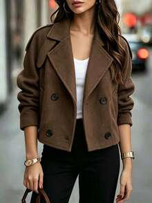 Women's Solid Brown Cropped Coat, Collared Double Breasted Short Jacket For Elegant Fashion, Commute, Business, Spring Fall Winter Wardrobe Essential - Brown - View 8