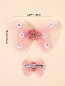 1pc Pink Mesh Hair Bow For Girls Flower Hair Clip Rhinestone Alligator Clip Cute Barrette Daily Vacation Party Hairpin Teens Hair Accessories - Pink - View 11