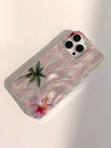 1件時尚夏季黃色與粉色條紋椰子樹花卉圖案防水防指紋防刮透明IMD軟亮面光滑手機殼，適合表白、朋友、家人、情侶、生日禮物、節日禮物，兼容Apple 17/17 PLUS/17 PRO/17 PRO MAX - 彩色 - 查看 3