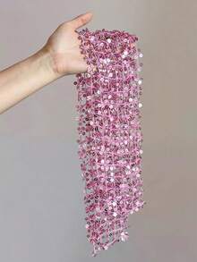 1pc Pink Sequin Floral Lace Scarf Necklace, Long Tassel Neck Scarf, Shiny Bohemian Style Women's Neck Accessory, Suitable For Party, Wedding And Daily Wear - Pink - View 3