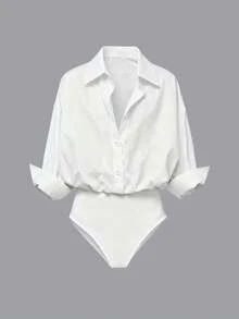 Casual Loose Open Front Long Sleeve Shirt Jumpsuit For Women - White - View 1
