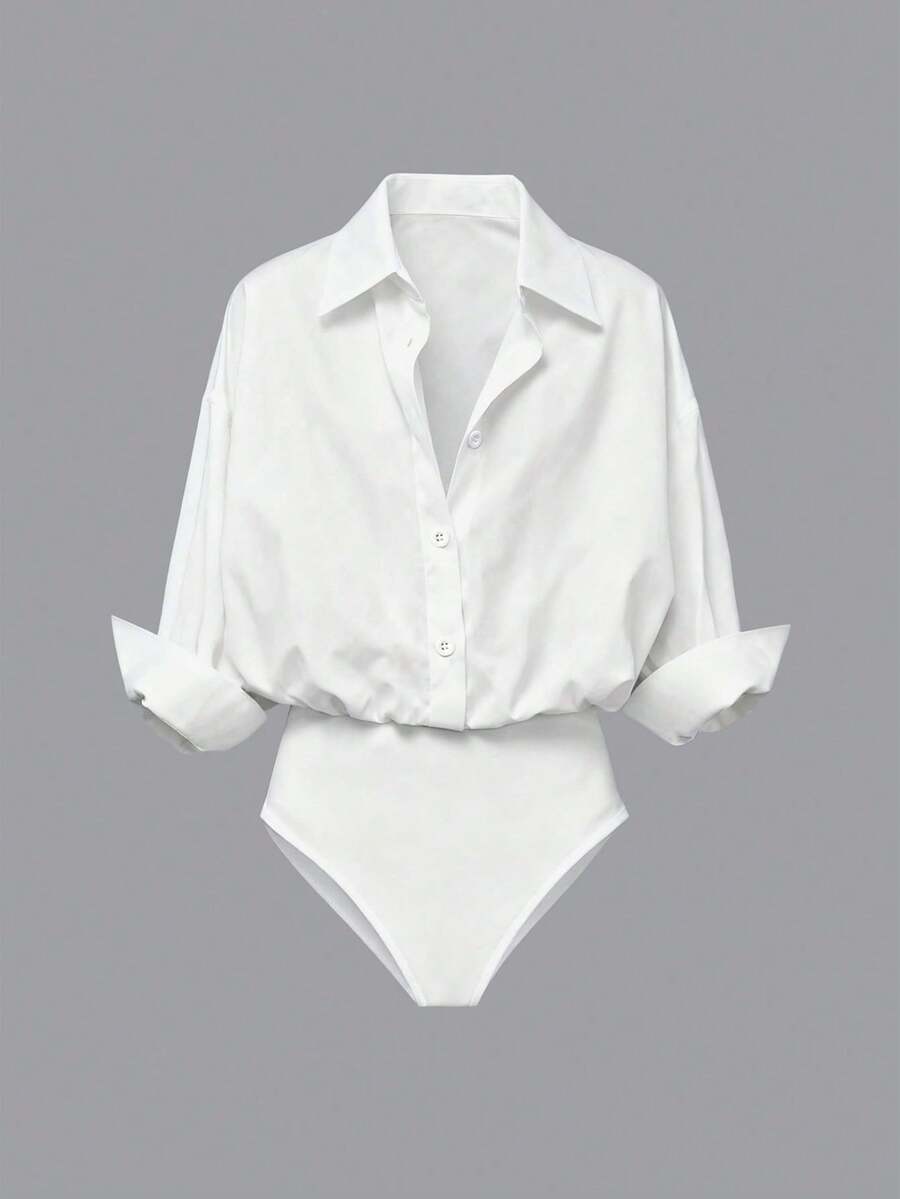 Casual Loose Open Front Long Sleeve Shirt Jumpsuit For Women - White - View 1