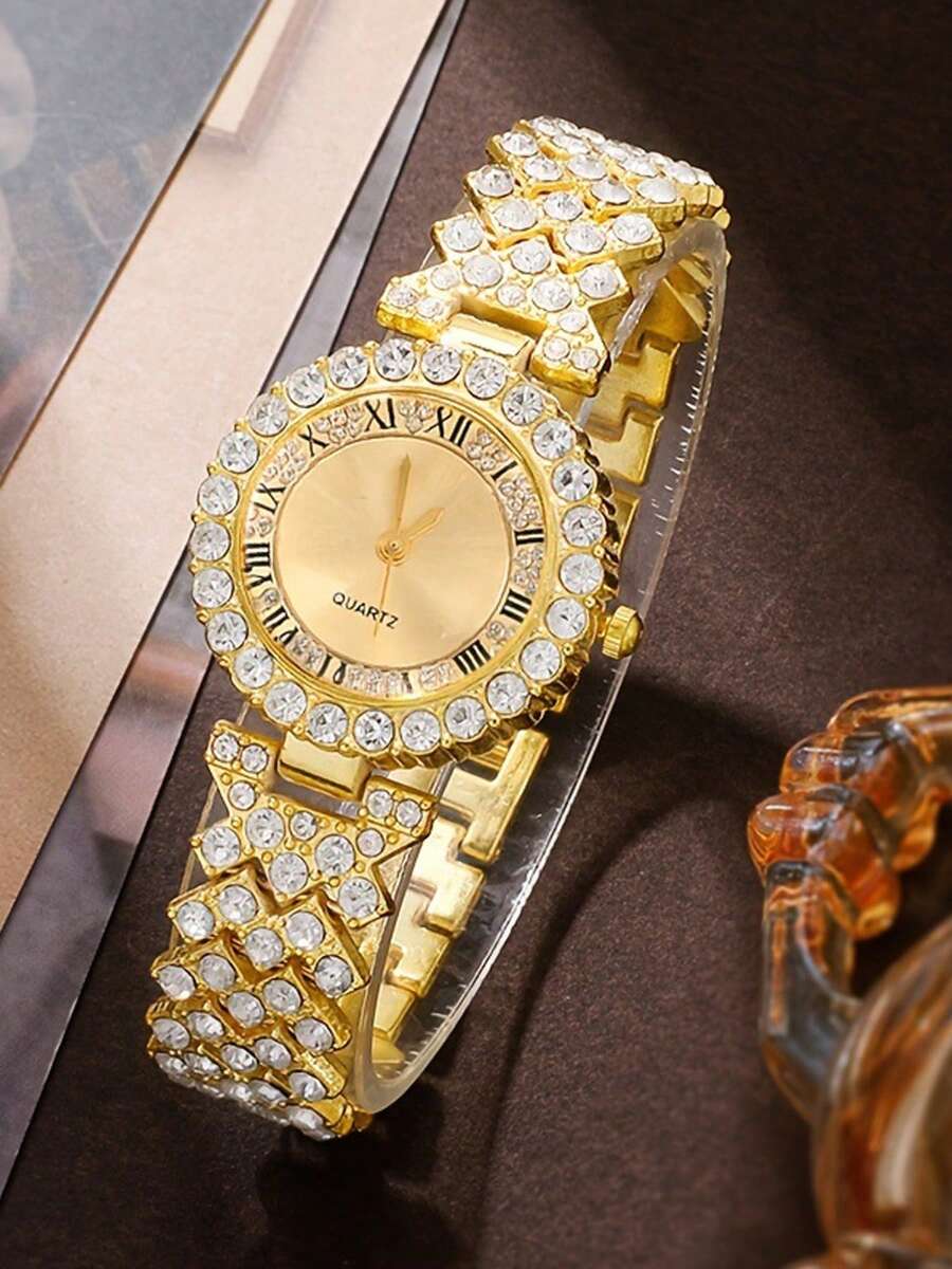 1件時尚商務鑲鑽羅馬數字錶盤女款石英手錶 - 金色 - 查看 1
