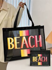 網格海灘包與小收納袋套組，印有夏季「BEACH」圖案，充滿夏日氛圍，包含購物袋、海灘包、夏威夷風透明收納袋、旅行盥洗包、海灘托特包、休閒度假包、化妝收納袋，適合學校、度假、假期和返校，是送給朋友和老師的理想禮物，也適合生日、派對、夏季、度假、假期和婚禮場合 - 彩色 - 查看 7