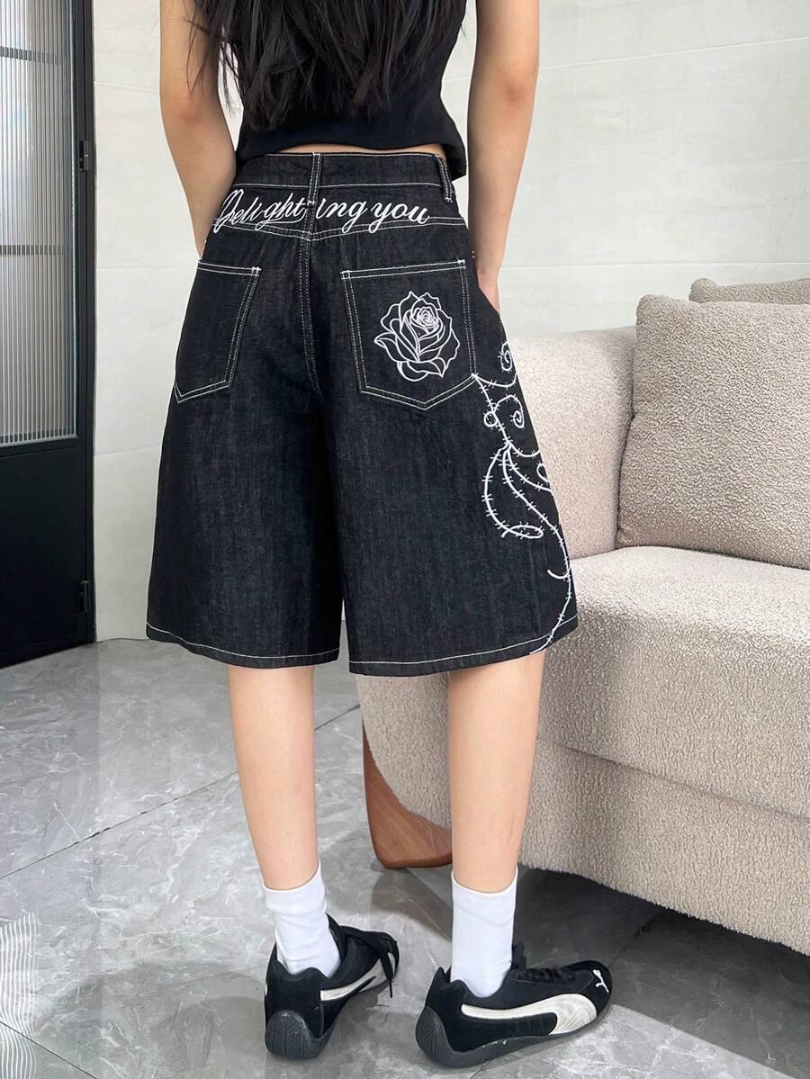 1pc Women's American Street Style Embroidered Black Denim Loose Wide Leg Jeans Fashion Summer Denim Shorts Casual - Black - View 1