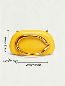 Hard Shell Clutch, Solid Color With Pattern, Large Gold Curved Metal Hardware, Detachable Chain Crossbody Strap, Minimalist Luxury Style, Suitable For Parties - Yellow - View 7