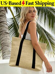 Summer Vacation Large Capacity Straw Tote Bag Women's Casual Seaside Beach Bag Woven Shoulder Handbag Double Handle White Purse For Travel Outing - 彩色 - 查看 2