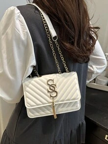 韓系壓紋菱格紋字母休閒女款度假海灘時尚新網紅單肩包極簡Ins風斜背小方包 - 白色 - 查看 4