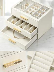 Luxury 3-Drawer Velvet Lined Jewelry Organizer Box With Transparent Glass Lid, Earring Necklace Ring Display Storage Box, Suitable For Gold Jewelry And Accessories - Multicolor - View 2