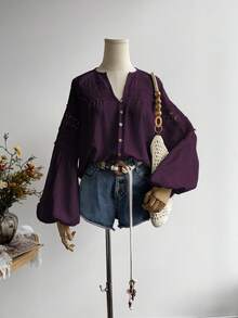 Rusttydustty Women's Standard Size Long Sleeve White Lace Blouse, Casual Vacation Bohemian Style, Suitable For Autumn - Red Violet - View 2
